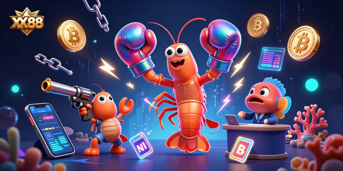Experience the thrilling gaming world at XX88 with colorful shrimp characters flaunting crypto elements and animated energy.