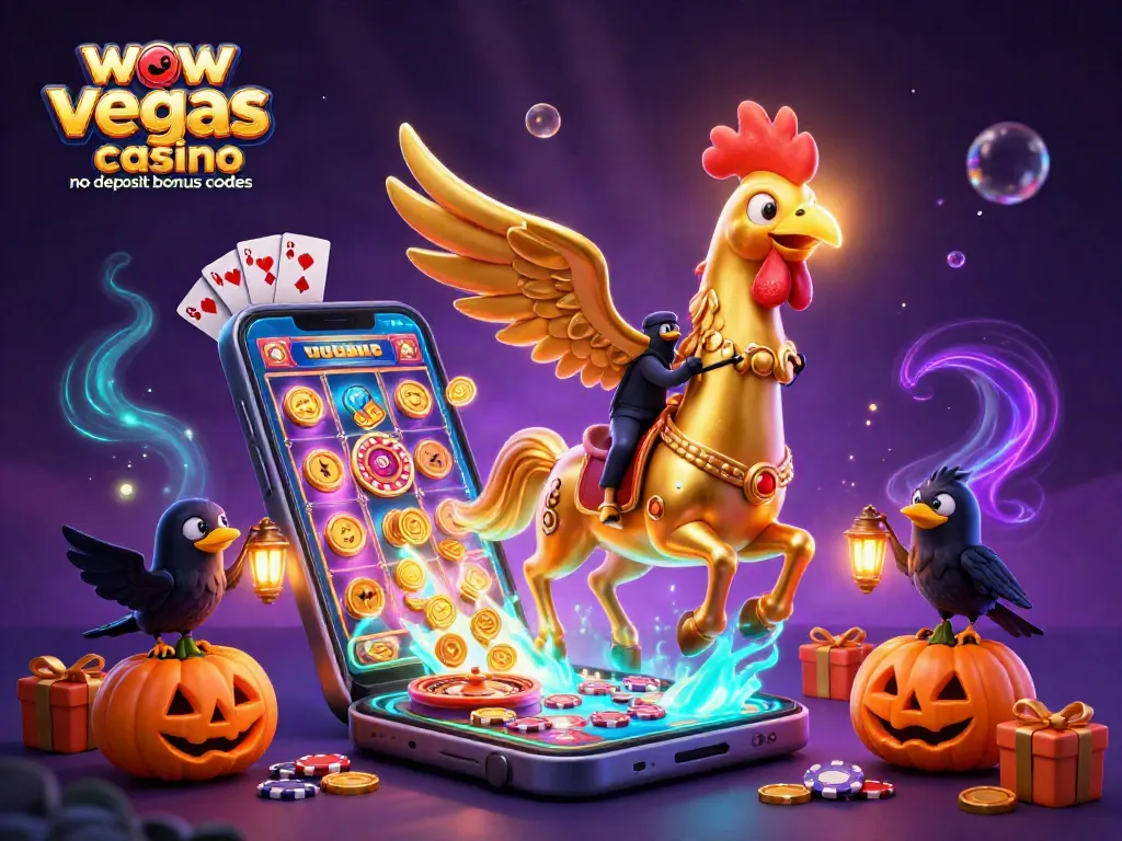 Experience the excitement of wow vegas casino no deposit bonus codes with golden rooster and spooky companions in a vibrant casino scene.