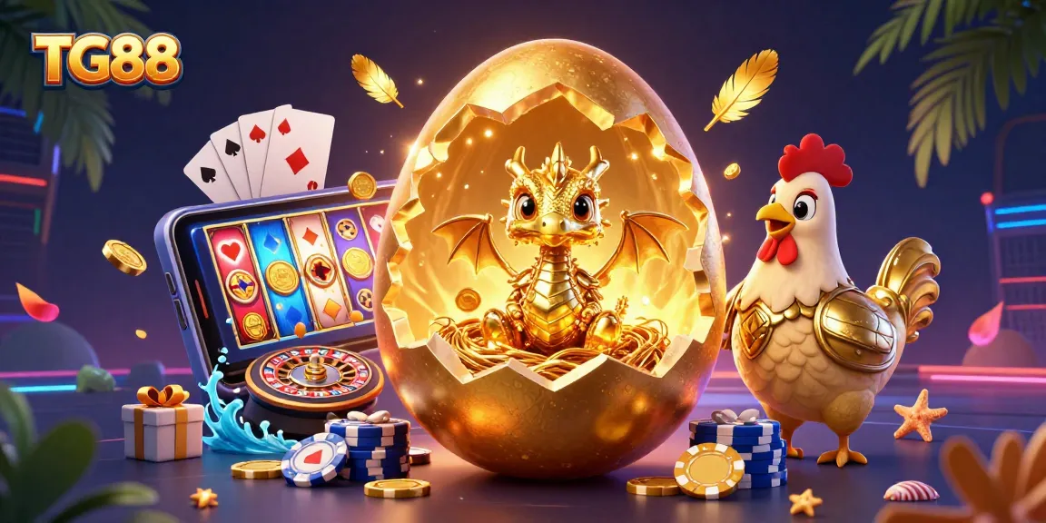 Play and win with TG88 as the golden dragon emerges from a safe of poker chips in a dynamic casino scene.
