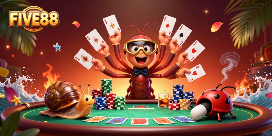 FIVE88 showcases a vibrant 3D casino scene with a millipede dealer and high-roller snail.