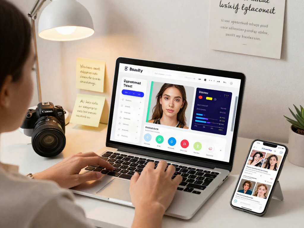 User engaging with an online attractiveness test on a laptop, showcasing facial analysis features and vibrant interface.