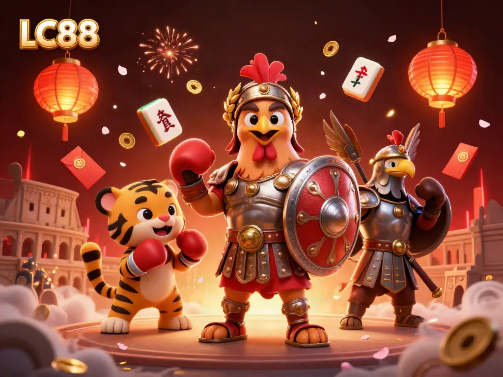 Engage with the excitement of LC88 at a vibrant online casino featuring colorful characters and festive elements.