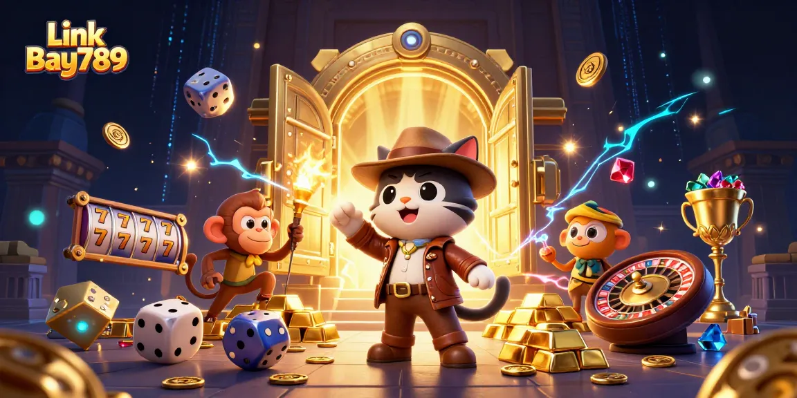 Experience thrilling gaming with Link Bay789 showcasing vibrant animated casino scenes of treasure and adventure.