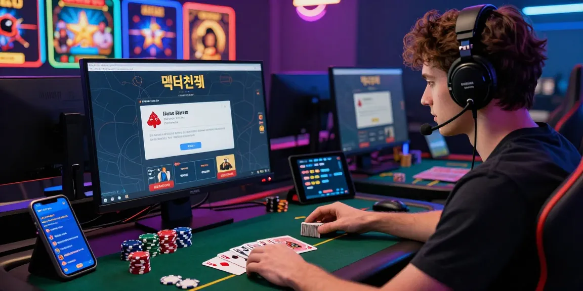 Gambling safety through 먹튀검증 with a user engaged at a computer in a vibrant online casino.