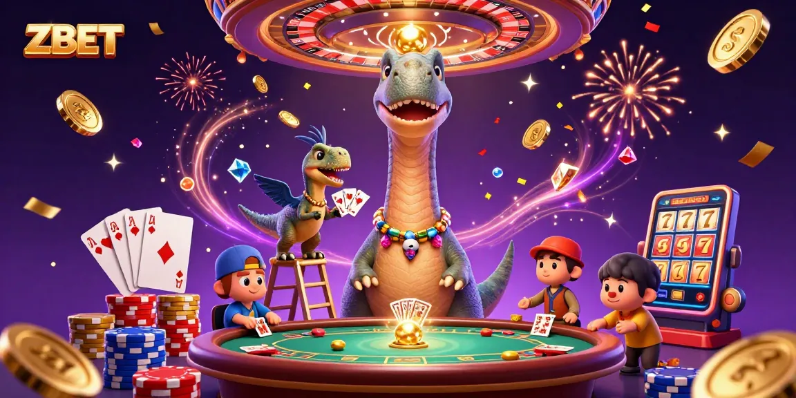 ZBET, a vibrant 3D illustration depicting a cartoon brontosaurus in a casino with gold coins and poker elements.