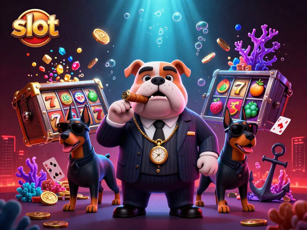 Spin slots to win big jackpots in this vibrant casino illustration featuring a bulldog boss.
