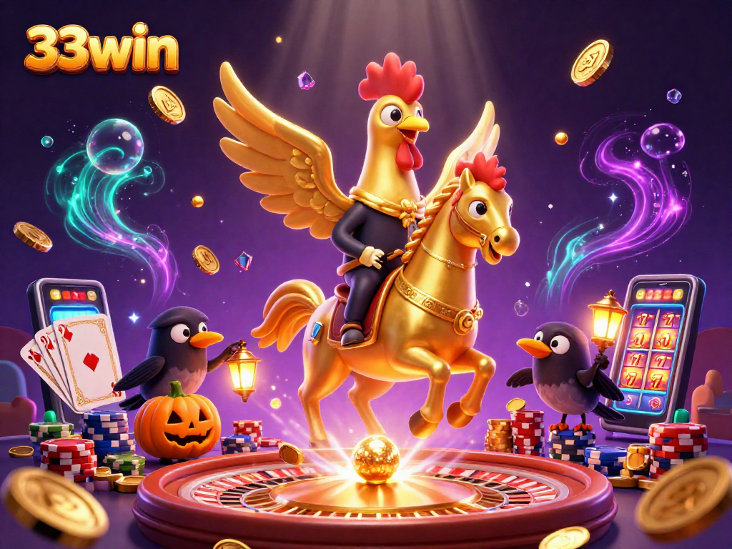 33win showcases a golden rooster in a vibrant casino scene, surrounded by jackpots and sparkling riches.