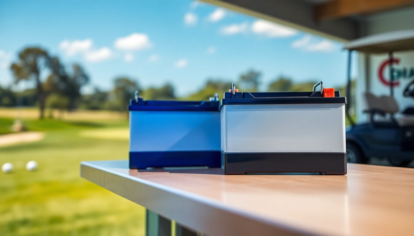Lithium golf cart batteries displayed on a workbench highlighting their quality and design features.