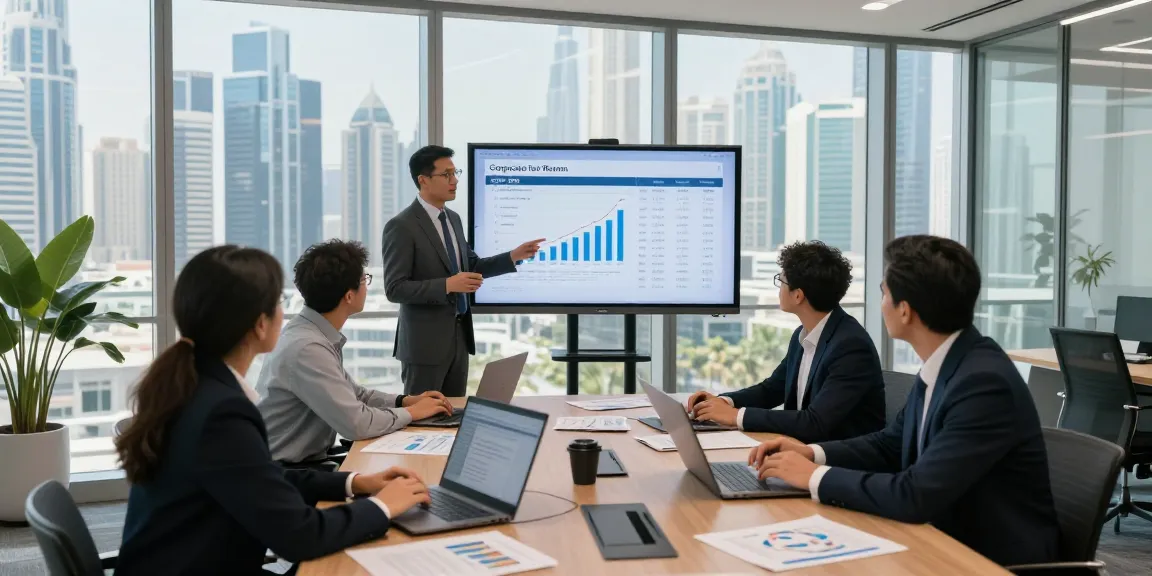 Team discussing Corporate Tax Return Filing strategies in a Dubai office with financial reports.