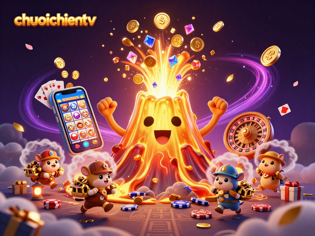 Experience the thrill of chuoichientv with a dynamic illustration showcasing a volcano erupting treasures, highlighting exciting gaming elements.