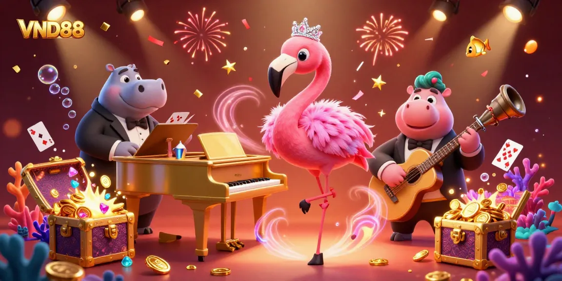 Experience VND88's lively casino scene with a flamingo singer and a hippo bassist, set against a festive backdrop.