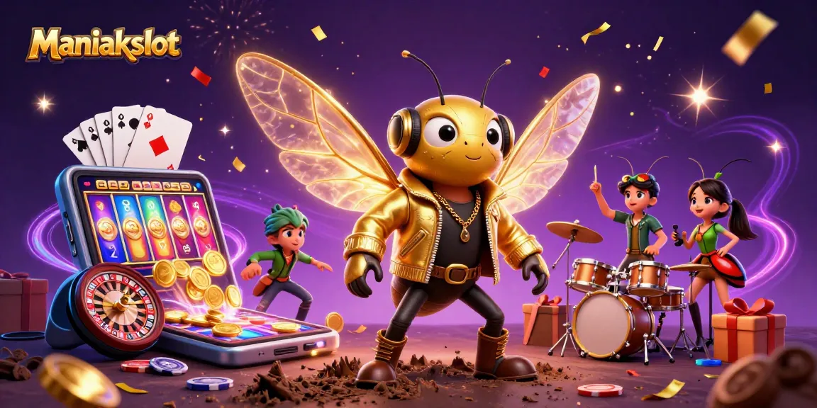 Spin to win with Maniakslot featuring a vibrant rock star scene and dynamic casino elements.