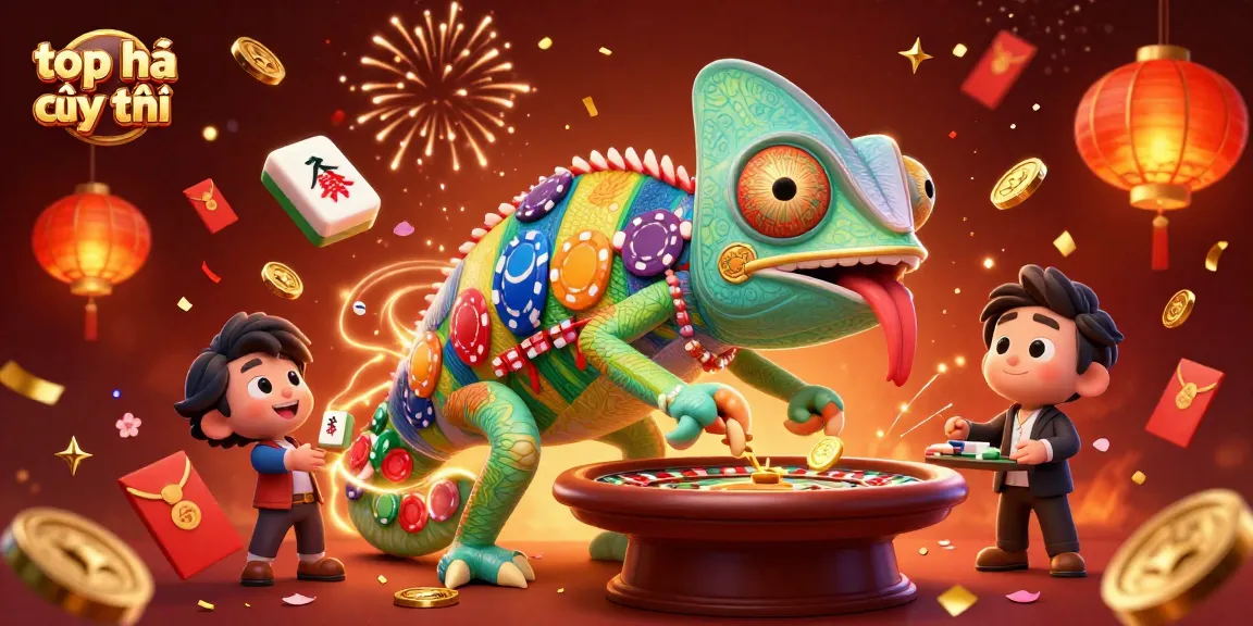 Engaging scene depicting top nhà cái uy tín through a vibrant chameleon casino owner catching golden coins.