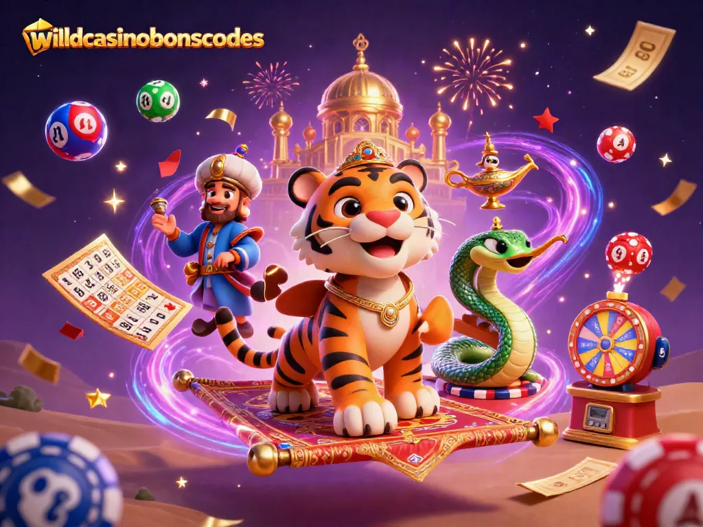 Play with wildcasinobonuscodes in a vibrant casino scene featuring a tiger sultan and magical elements.