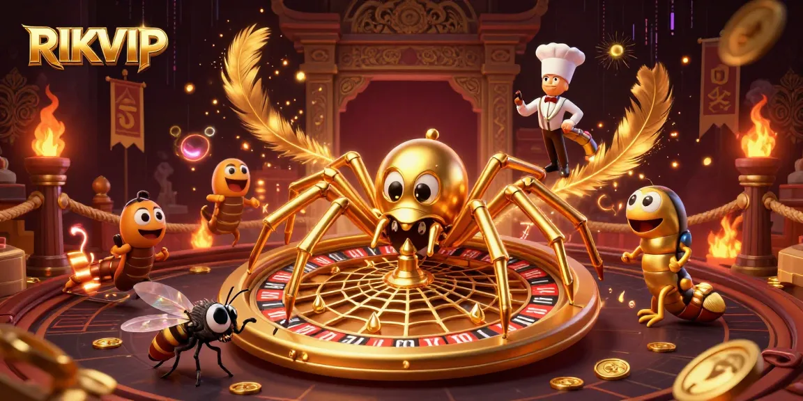 Experience thrilling bets at RIKVIP with the golden roulette wheel surrounded by exciting game elements.