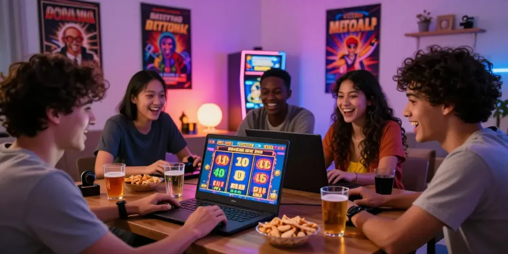 Friends enjoying slot gacor games online in a lively home setting.