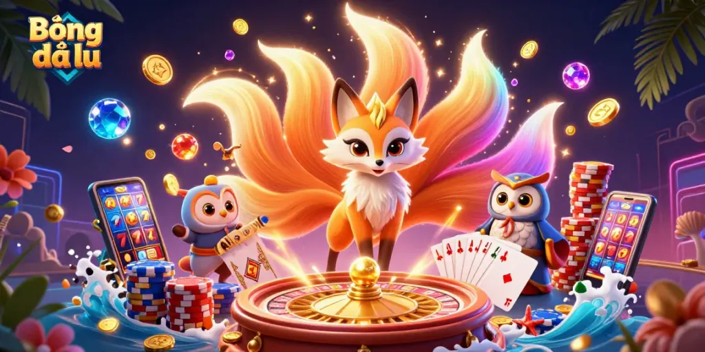 Bóng đá lu features a vibrant casino scene with a nine-tailed fox, owl sage, and colorful elements showcasing thrilling gambling excitement.