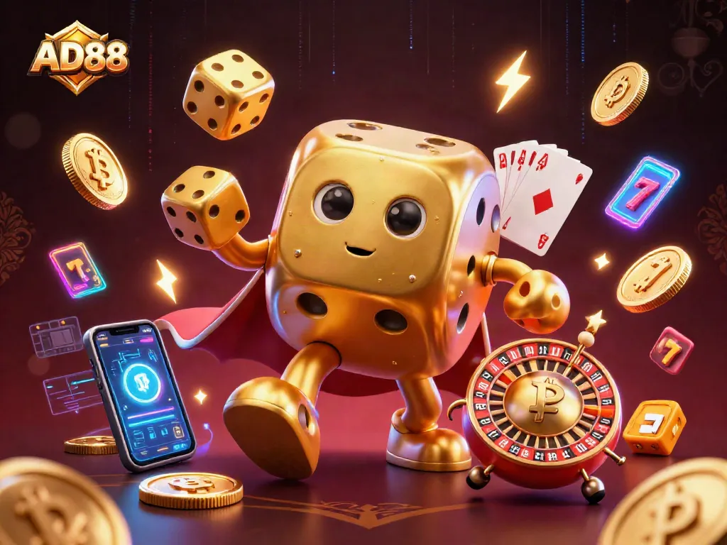 Engage with AD88 as golden dice and crypto elements create a vibrant casino scene.