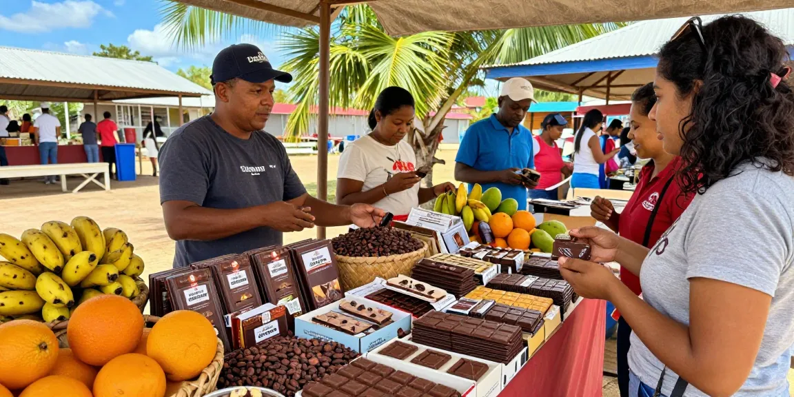Cacao market scene featuring diverse products, engaging vendors, and delicious m98 chocolate tastings.