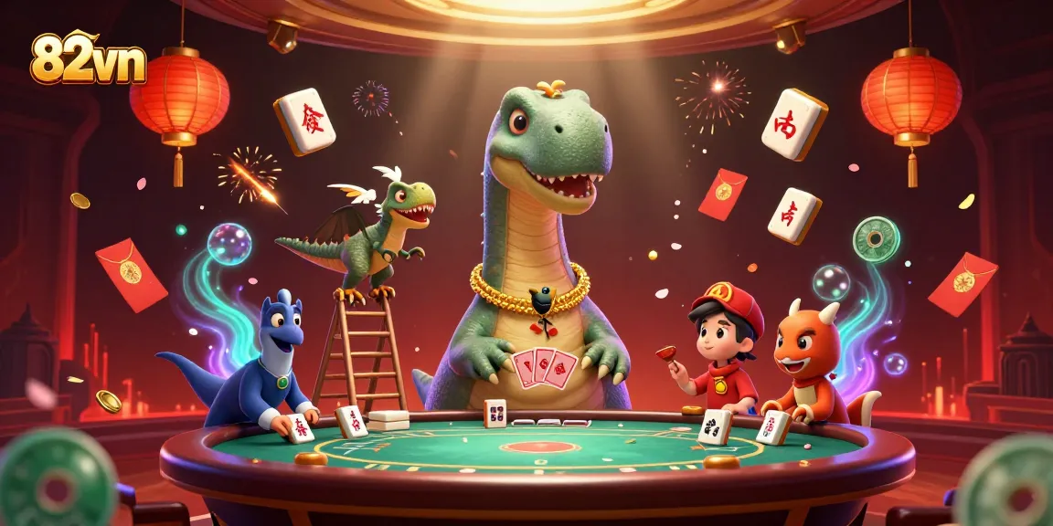 Engage with 82vn's rich 3D casino scene, featuring a giant brontosaurus and a clever raptor dealing cards.