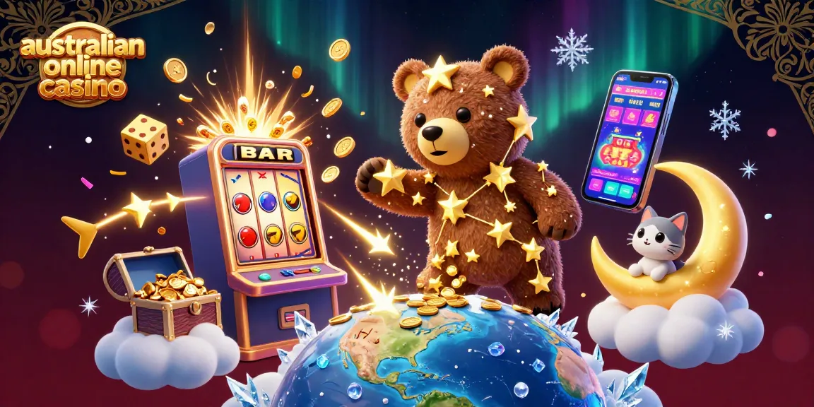 Engage with vibrant gameplay at the australian online casino featuring a constellation bear with coins, slot symbols, and more.