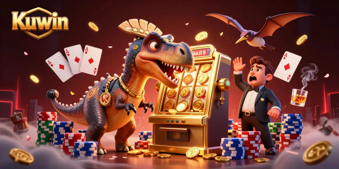 Kuwin casino features a vibrant 3D scene with a pachycephalosaurus winning jackpot coins while a panicked manager reacts in excitement.