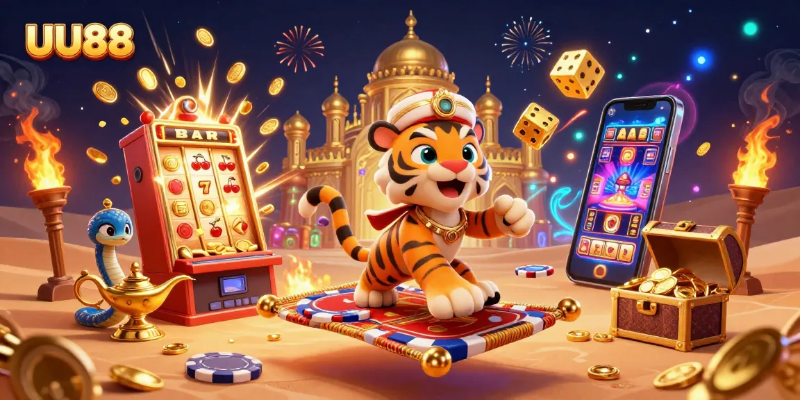 Experience the excitement of UU88 with a dynamic scene featuring a sultan on a poker chip carpet amidst vibrant casino elements.
