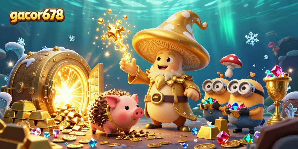 Experience the enchanting magic of gacor678 with golden treasures, wizards, and gems in this vibrant casino scene.
