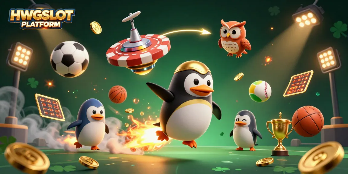 Engage with the HWGSLOT PLATFORM's dynamic casino experience featuring golden penguin and vibrant sports elements.