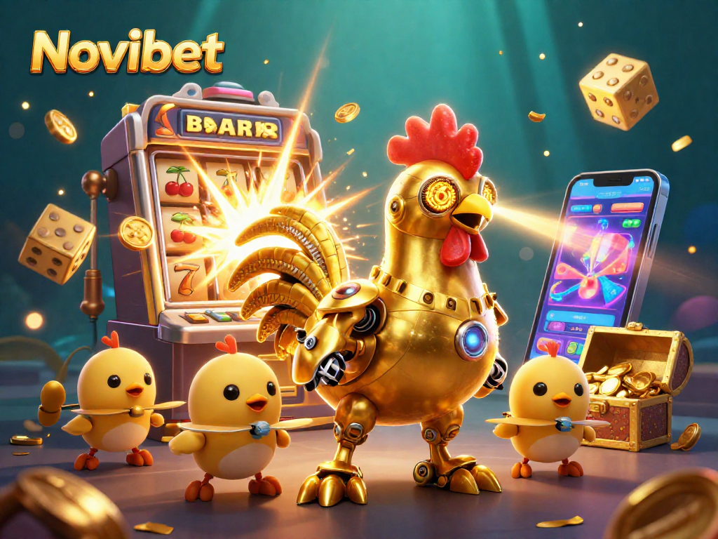 Engage with Novibet's vibrant and dynamic casino adventure featuring a golden rooster robot amidst slot machines and treasures.