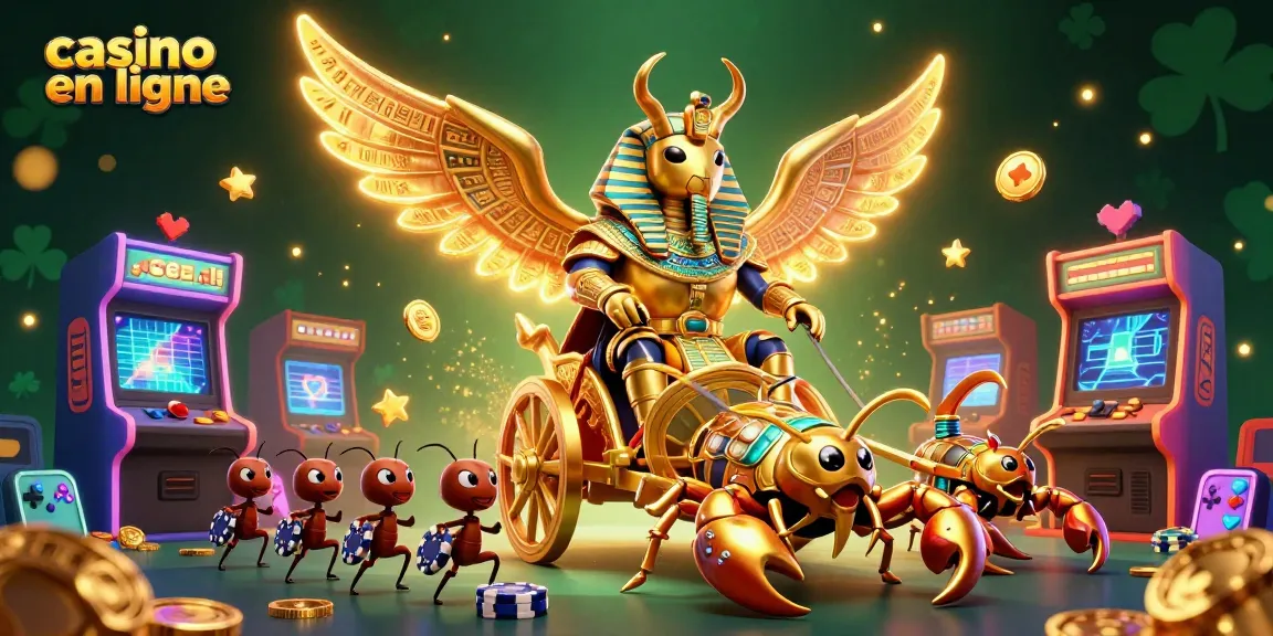 Plongez dans l'univers du casino en ligne avec cette image captivante d'une scène animée regroupant un scarabée géant en armure pharaonique.