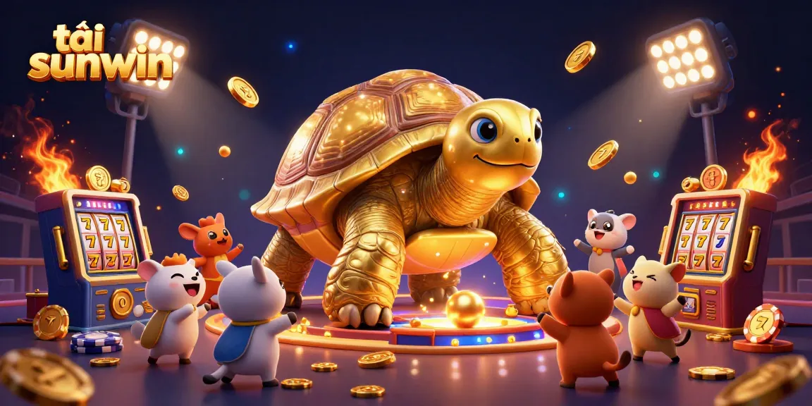 Engage with the vibrant tải sunwin gaming scene featuring a colossal golden tortoise and lively game elements.