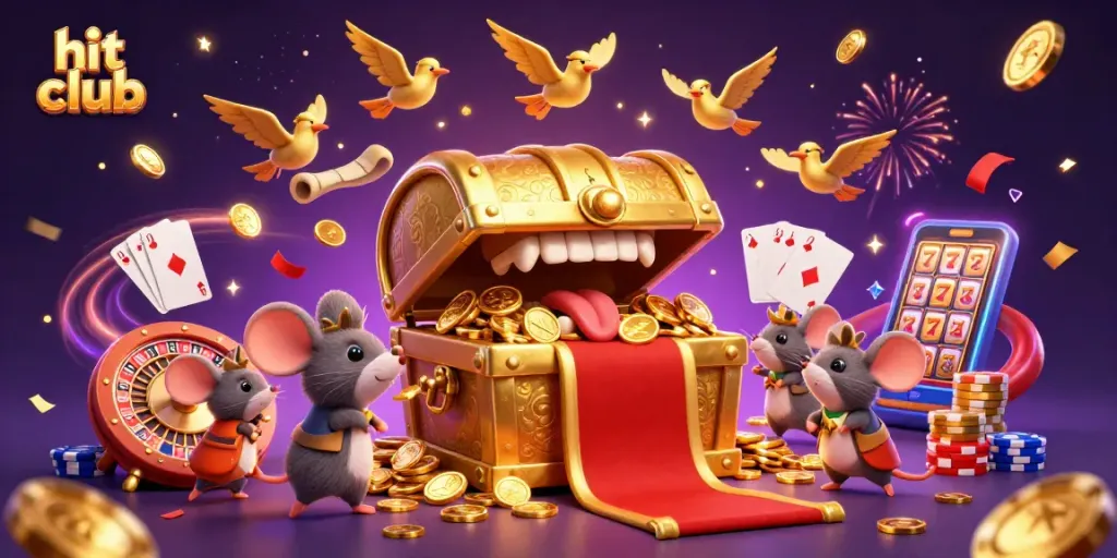 Experience thrills at hit club with a vibrant casino scene featuring treasure chests, coins, and roulette wheels.