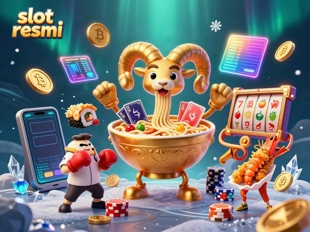 Experience slot resmi excitement with giant ramen bowl and lively casino characters.
