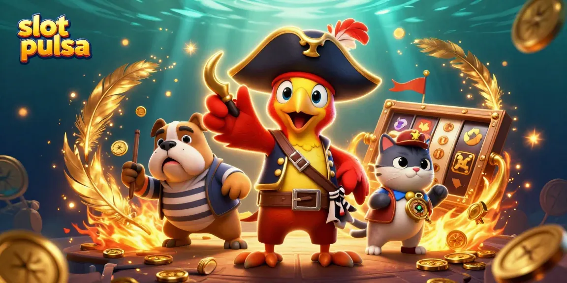 Engage with slot pulsa strategy through dynamic 3D pirate casino illustration featuring lively characters.
