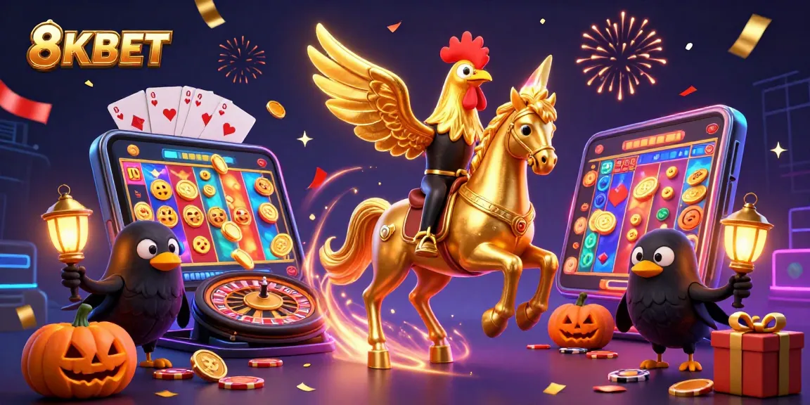 8KBET showcases a golden rooster amidst vibrant casino elements symbolizing thrilling gaming excitement.