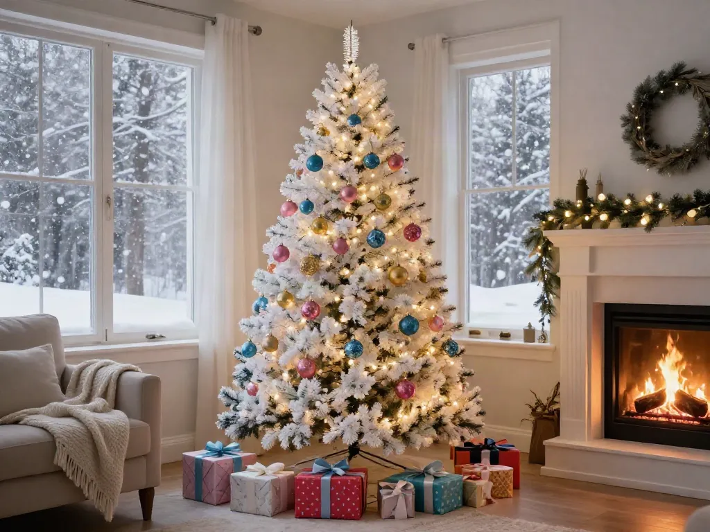 White colorful christmas tree beautifully decorated in a cozy living room with vibrant ornaments and warm lighting.