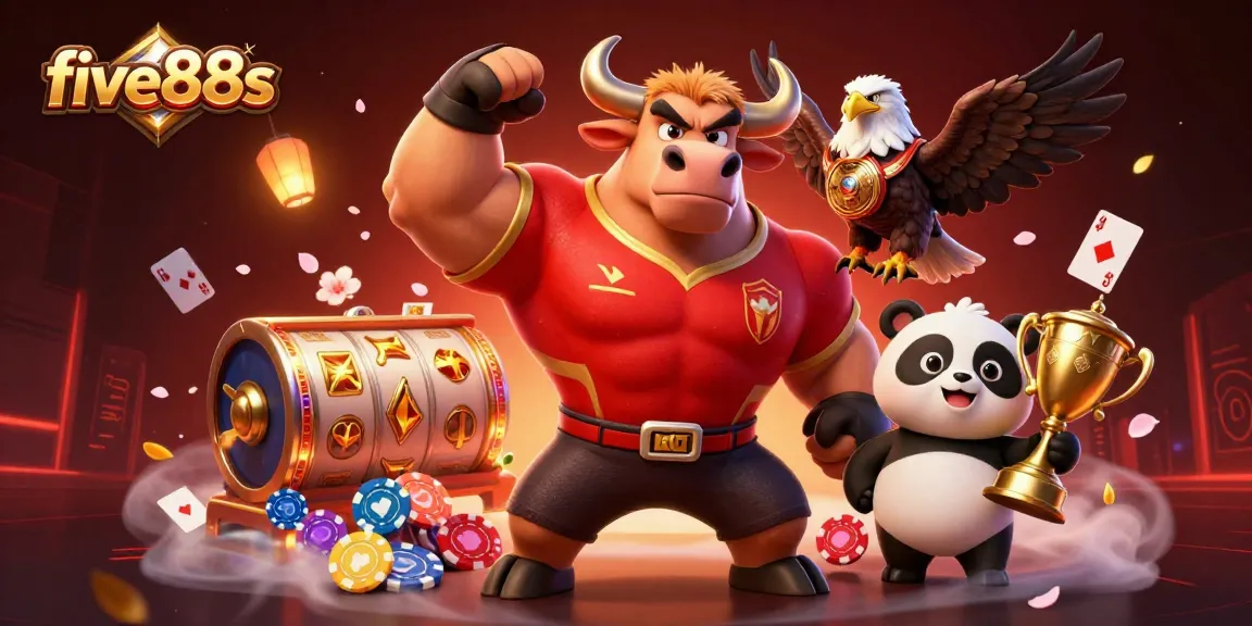 Engage with five88s and explore festive casino excitement featuring a mascot celebration.