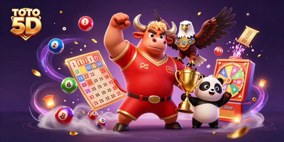 TOTO 5D lottery scene featuring a muscular bull, eagle, and panda celebrating surrounded by vibrant game elements.