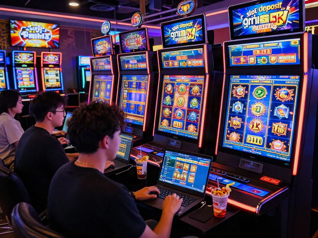 Players enjoying slot deposit qris 5k games in a colorful online casino atmosphere.