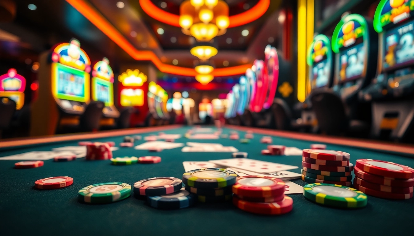 Menangkan taruhan emasputihtoto di kasino dengan chips dan kartu berwarna-warni.