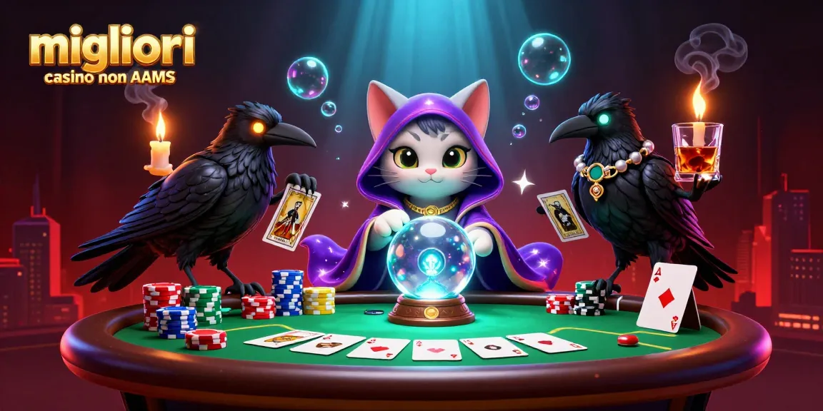 Migliori casino non AAMS: illustrazione 3D di gatti e corvi che coinvolgono il gioco di poker con dettagli vivaci.