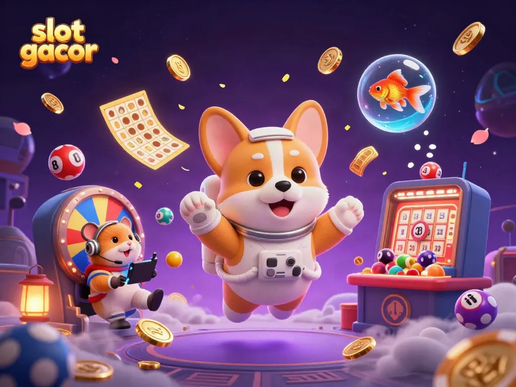 Kelola slot gacor dengan slot digital, dikelilingi oleh bola lotere berwarna dan koin emas.
