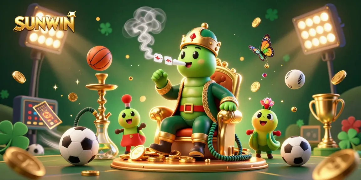 SUNWIN showcases an engaging 3D illustration of a caterpillar, sports balls, and casino elements.