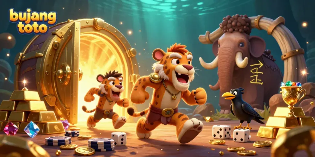 Bujang toto casino scene with caveman duo and treasure elements, featuring a dynamic casino environment.