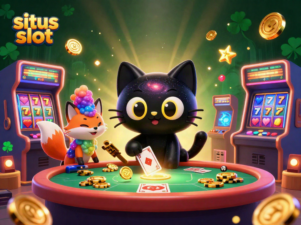 Situs slot themes shine through a vibrant 3D casino scene with cosmic characters and dynamic gaming elements.