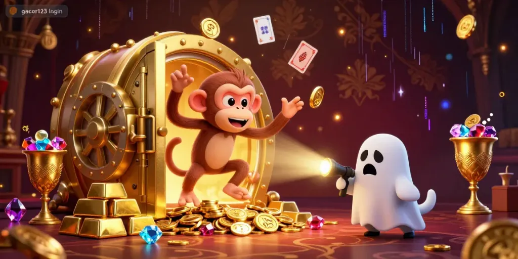 Experience the thrill of gacor123 login as a playful poltergeist monkey juggles golden treasures in a haunted casino.