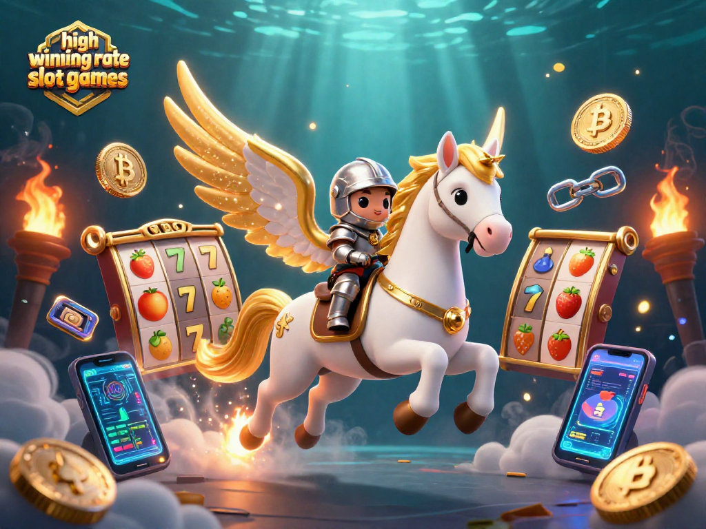 Experience high winning rate slot games in this vibrant, dynamic 3D illustration featuring mythical characters and casino elements.