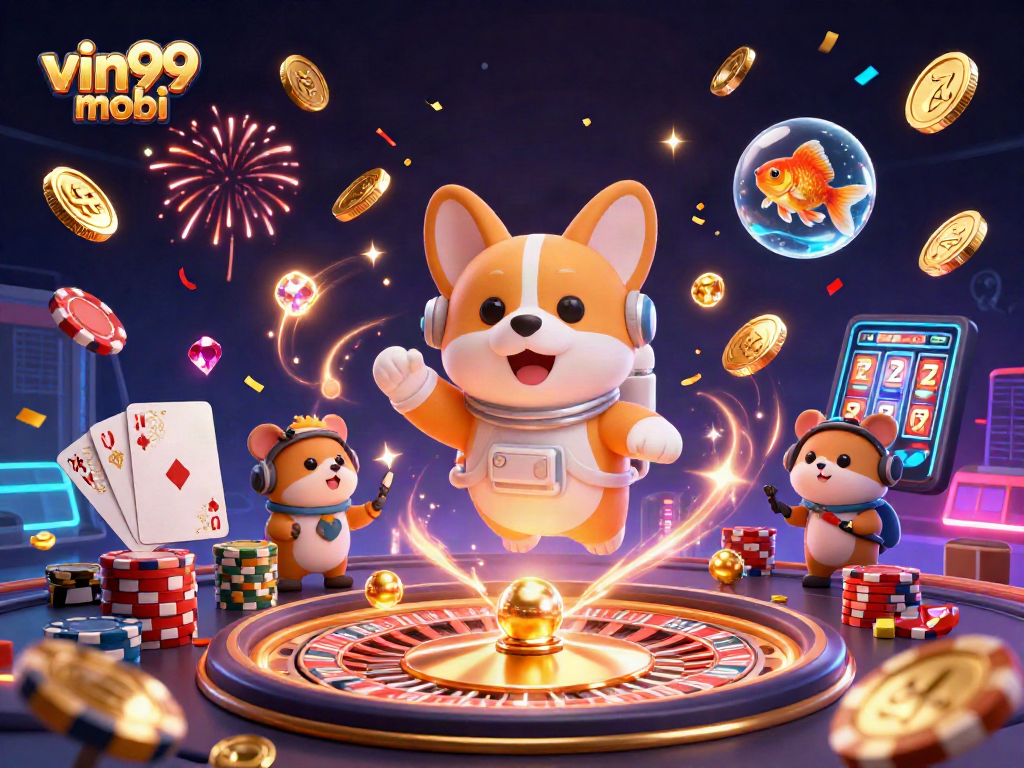 Experience thrilling gameplay at vin99 mobi with floating corgi, roulette, and sparkling gems.