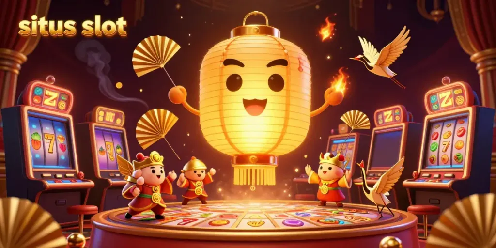 Menangkan pengalaman bermain situs slot dengan slot gulungan, simbol beruntung, dan karakter ilustrasi menarik.